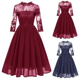 Casual Dresses Lace Chiffon Mid Length Dress Female 3/4 Sleeves Bridal Friend Wedding Floral Embroidery Formal Evening
