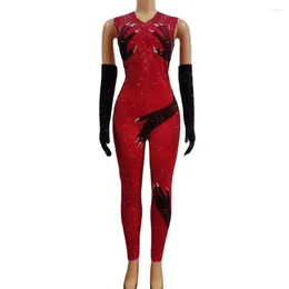 Stage Wear Sexy Sparkly Red Rhinestone Jumpsuit Black Hand Gloves Women Birthday Celebrate Performance Costume Singer Show