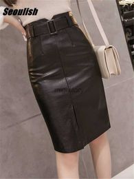 Skirts Skorts Seoulish 2023 Autumn Winter Black PU Leather Pencil Midi High Waist Split OL Elegant Sheath Wrap with Belt Female YQ240223