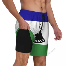 Men's Shorts Lesotho Flag 3D Mens Swimming Trunks With Compression Liner 2 In 1 Quick-Dry Summer Swim Pockets