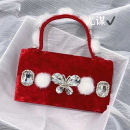 Red Mink Hairy Bow Small Square Bag Banquet Water Diamond Mobile Phone Bag Handheld Crossbody Bag