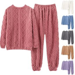 Women's Sleepwear Ladies' Solid Colour Jacquard Coral Velvet Thickened Warm Flannel Home Suit