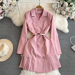 Fashion Designer Double Breasted Blazer Dress Women Notched Long Sleeve Chic Slim Pink Mini Short Casual Vestidos Robes 240223