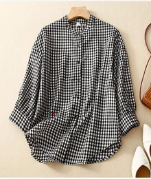 Women's Blouses Cotton And Linen Embroidered Plaid Nine Sleeve Shirt Spring Autumn Korean Style Loose Casual Cardigan Top