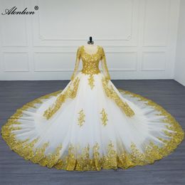 Alonlivn 100% Real Photos Beauty O-Neck Ball Gown Wedding Dress With Beading Rhinestones Pearls Golden Embroidery Lace Full Sleeves Bridal Gowns