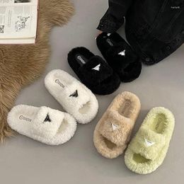 Sandals White Thick Soled Plush Slippers For Women's Outerwear Wearing 2024 Autumn And Winter One Line Cotton