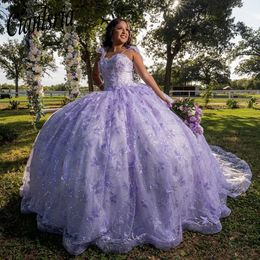 Sparkly Ball Gown Lilac Quinceanera Dress Elegant Luxury Prom Dresses 3D Floral Appliques Party Lace Birthday
