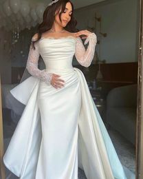 Białe sukienki syreny Formalne z koronki z koronką Plama z długim rękawem sukienka ślubna Boho plaża ślubna rozmiar Vestidos de novia 326 322