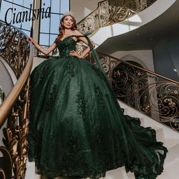 Emerald Green Beaded Crystal Ball Gown Quinceanera Dress With Cape 3D Flowers Corset Vestido De 15 Anos