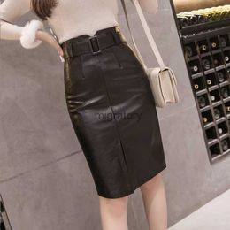 Skirts Skorts TingYiLi Front Split Pu Leather Womens Autumn Winter High Waist Midi Skirt Black Pencil Korean Elegant YQ240223