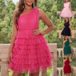 Casual Dresses Fashion Slant Neck One Shoulder Evening Party Women's Sexy Off The Slim Solid Colour Mesh Puffy Tutu Mini Dress