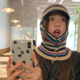 Berets Ins Knitted Bomber Hats For Women Men Autumn And Winter Korean Retro Striped Warm Scarf Integrated Parent-child Balaclava Caps