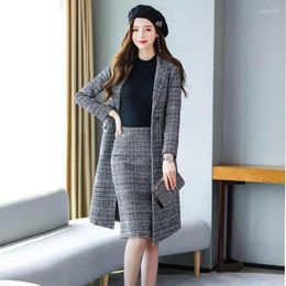 Work Dresses Luxury Autumn Winter Women's Wool Plaid Business Suits Long Trench Coat With Knee Length Skirts Suit Fomal Wear Outfits