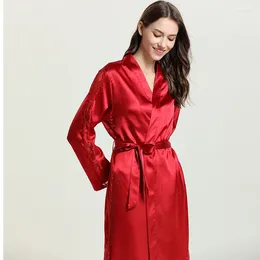 Women's Sleepwear Women Satin Silk Sleeping Robe Sexy V-Neck Long Style Bathrobes Hollow Lace Imitation Kimono