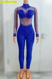Stage Wear Mesh Pants With Hollowed Out Fabric Multi-Color Diamond Slim Fit High Elastic Round Neck Jumpsuit Nightclub Bar Performance
