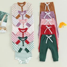 Clothing Sets Baby Girls 2PCS Pants Long Sleeve Knitted Button Striped Romper Solid Color Drawstring Cute Warm Baby's