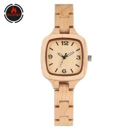Relógio feminino de madeira de bordo puro, mostrador quadrado elegante, pulseira de madeira para senhora, fecho oculto, relógio de pulso feminino315m