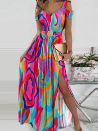 Casual Dresses For Women 2024 Fall Y2K Plants Print Cold Shoulder High Slit Dress Vestido Elegance Maxi Robe