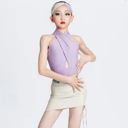 Stage Wear Purple Halter Latin Top Drawstring Skirts Kids Dancing Clothing Girls Chacha Samba Professional Costumes SL6743