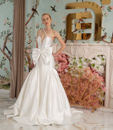 Сексуальные свадебные платья с глубоким v-образным вырезом и лямкой на шее, с бантом, белые/ори, атласные свадебные платья русалки, скромные платья Vestidos De Novia 2024 326