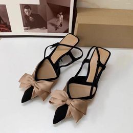 Dress Shoes TRAF Bow Spliced Pumps For Women 2024 Chic Khaqi Black Mid Heeled Sandal Fashion Slingback Stilettos Heels