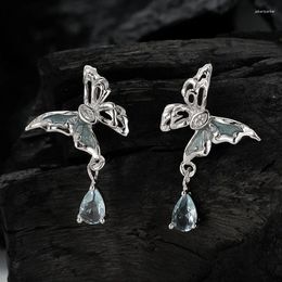 Stud Earrings Real 925 Sterling Silver Enamel Hollow Butterfly Drop Elegant Lake Blue Butterflies Earring Fine Jewellery For Women