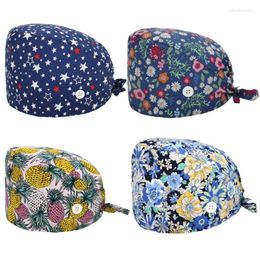 Berets 4 Pieces Cartoon Animal Floral Printed Adjustable Working Cap With Buttons Sweatband Unisex Tie Back Bouffant Scrub Hat For Head