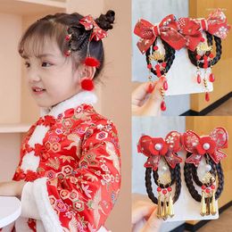 Hair Clips 1 Pair Year's Big Red Plush Headband Girls Bell Pearl Chinese Knot Tassel Braided Jewelry Baby Ball 2024 Gift