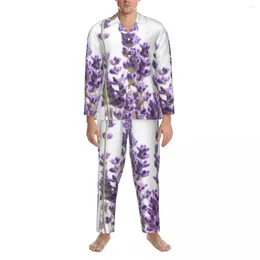 Men's Sleepwear Purple Lavender Pyjamas Set Vintage Spring Flowers Kawaii Unisex Long Sleeve Aesthetic Home 2 Pieces Nightwear