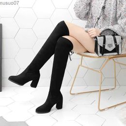 Dress Shoes Stretch Long Faux Suede Boots Women Over-the-knee Boots Casual Black Sexy Nightclub Platform Shoes for Women Autumn Women BottesL2402