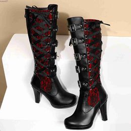 Dress Shoes Platform Boots for Women Lace Up Chunky High Heel Med Calf Boots Narrow Band Bow Knot Goth Gothic Shoes Winter 2023L2402