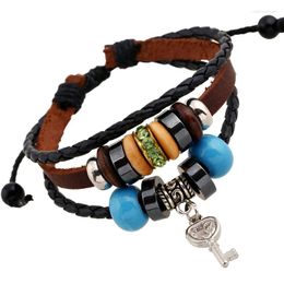 Charm Bracelets Fashion Handmade Key Beads Bracelet Wrap Multilayer Braided Leather Bangle Adjustable Wristbands Men Women Vintage Jewelry