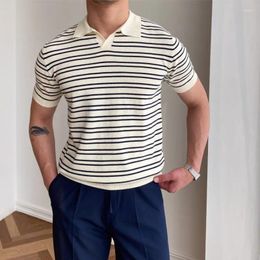 Men's Polos Mature Men Clothing Summer V-neck Striped Polo Shirt For Short Sleeve Trend Simple Fashion Lapel T-shirt Shirts