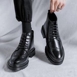 Boots Men Casual Natural Leather Black Carving Brogue Shoes Wedding Party Dresses Cowboy Ankle Boot Spring Autumn Platform Botas