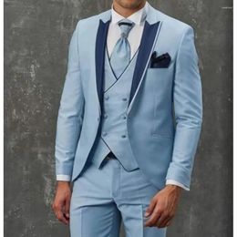 Men's Suits 3 Piece Jacket Pants Vest Blue Formal Party Single Breasted Peaked Lapel Customised Blazer Wedding Groom Costume