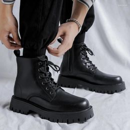 Boots Men's Casual Original Leather Black Platform Shoes Business Office Dress Cowboy Ankle Boot Lace-up Short Botas Masculinas