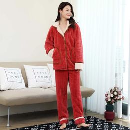 Women's Sleepwear Flannel Pajamas 2 Piece Sets For Women Winter Thicken Pyjamas Homewear Long Sleeve Turn-down Collar Soft Warm Pijama