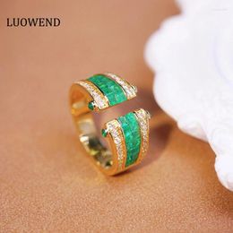 Cluster Rings LUOWEND 18K Yellow Gold Vintage Roll Design Natural Emerald Shiny Diamond Open Wide Ring For Women High Party Jewellery