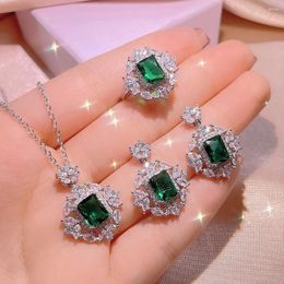 Necklace Earrings Set ShForeign Trade Colorful Treasure Female Imitation Emerald Pendant Ring Three Piece Jewelry