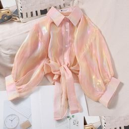 Women'S Blouses Shirts Womens Buttoned Up Shirt Women Half Sleeve Shinning Sparkles Tied Waist Sexy For 2023 Autumn Drop Delivery Dhpix