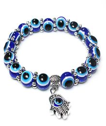 Turkish Evil Eye Beaded Strands Bracelet 8mm Blue Resin Beads Alloy Hamsa Hand Charms Bracelets Bangle for Women Lucky Jewelry7276158