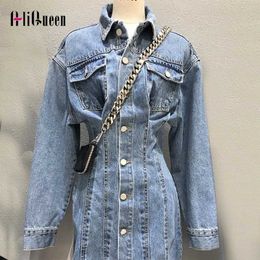 Basic Casual Dresses Womens retro blue mini denim dress autumn womens warm clothing long sleeved thin jeans dress Vestido De Mujer J240224