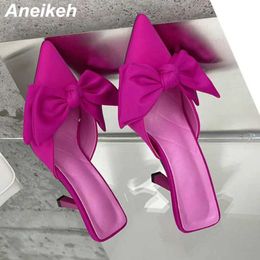 Slippers Aneikeh Elegant Bow Womens Slippers Sandals Light Dot Toe Mule Peel High Heel Pump Womens Dress Mule Shoes J240224