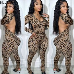 Womens Jumpsuits Rompers HLJ GG sexy backless lace up leopard print tight fitting jumpsuit womens Oneck long sleeved tight pants onepiece Playsuits fash J240224