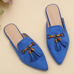 Slippers Shoes Woman's Slides Fringe Pointed Toe Low Shallow Flock Fashion Big Size 2024 Luxury Cover Soft Flat Casual PU Rubber