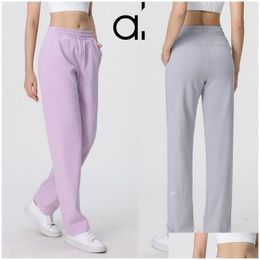 Yoga Outfit Al Yoga Pants Womens Thickened High Waist Solid Fitness Loose Dstring Straight Running Cotton Wide Leg Lady Outdoor Leisur Dhv6D