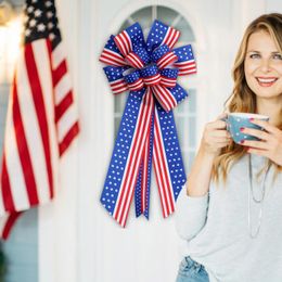 Decorative Flowers Large Patriotic Wreath Bow Red Blue And Stripes 4 Of July For Indoor Outdoor Bunting Holiday