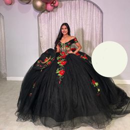 Mexican Black Quinceanera Dresses 2024 Bow Crystals Off Shoulder Applique Lace Tull Sweet 16 Dress Ball Gown Lace-Up Birthday Gown