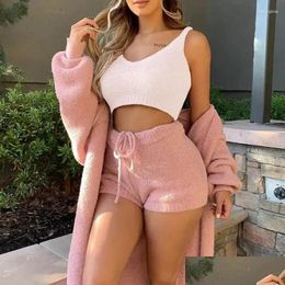 Women'S Sleepwear Womens Cosy Knit 3 Pieces Set Fluffy Pyjamas Women Casual Tank Top And Shorts Plus Size Hoodie Leisure Homsuit Win Dhwya