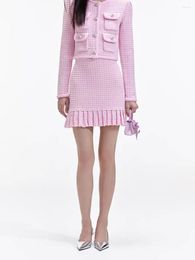 Women's Jackets Plaid Pink Knit Set Single Breasted O-Neck Diamond Button Sweater Coat Or Pleated Short Skirt Female 2024 Spring Suit